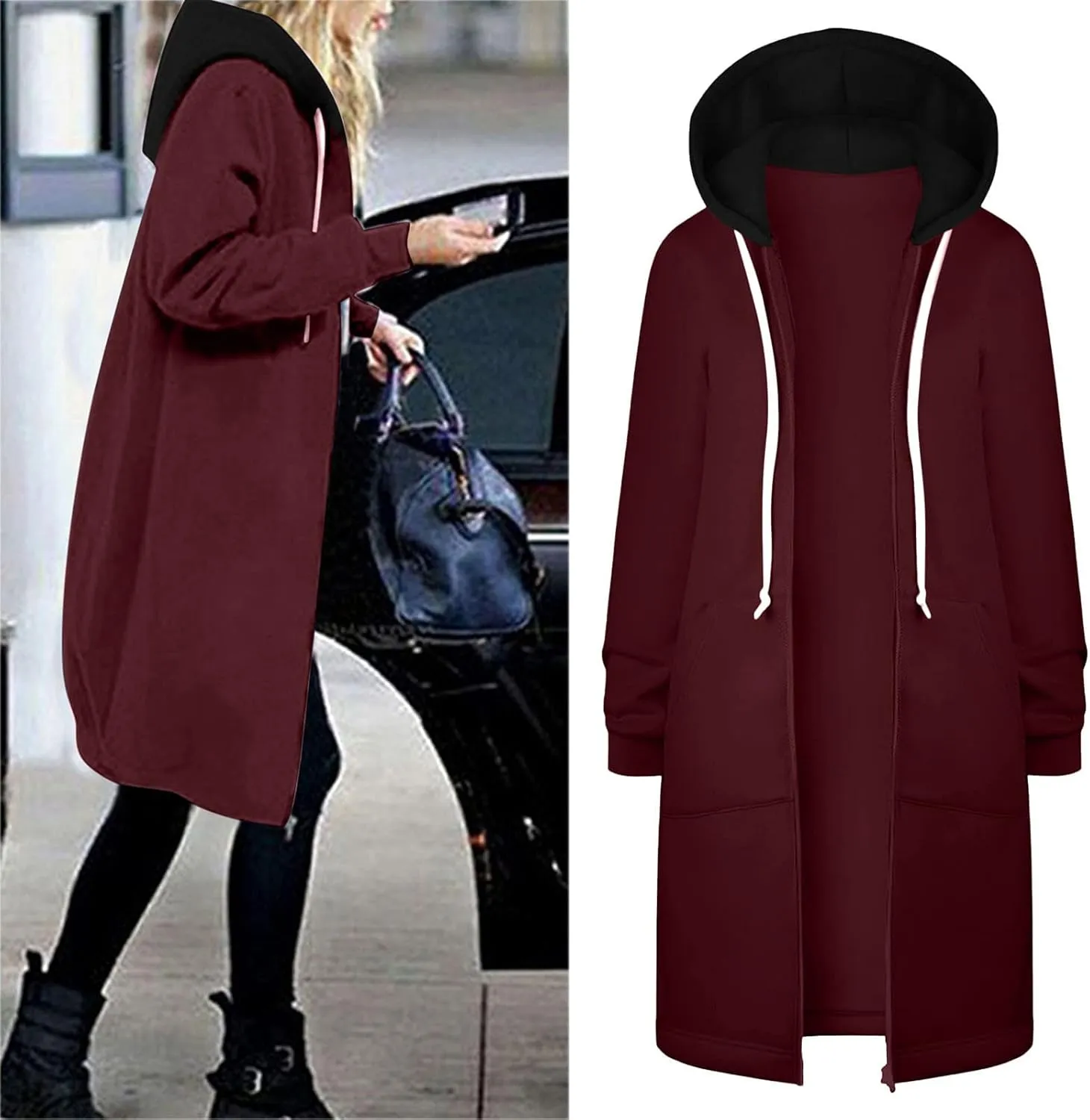 Womens Classic Coat Pocket Zipper Hoodies Sweatshirt Long Solid Color Coat Jacket Causal Fashion Top Casual Notch
