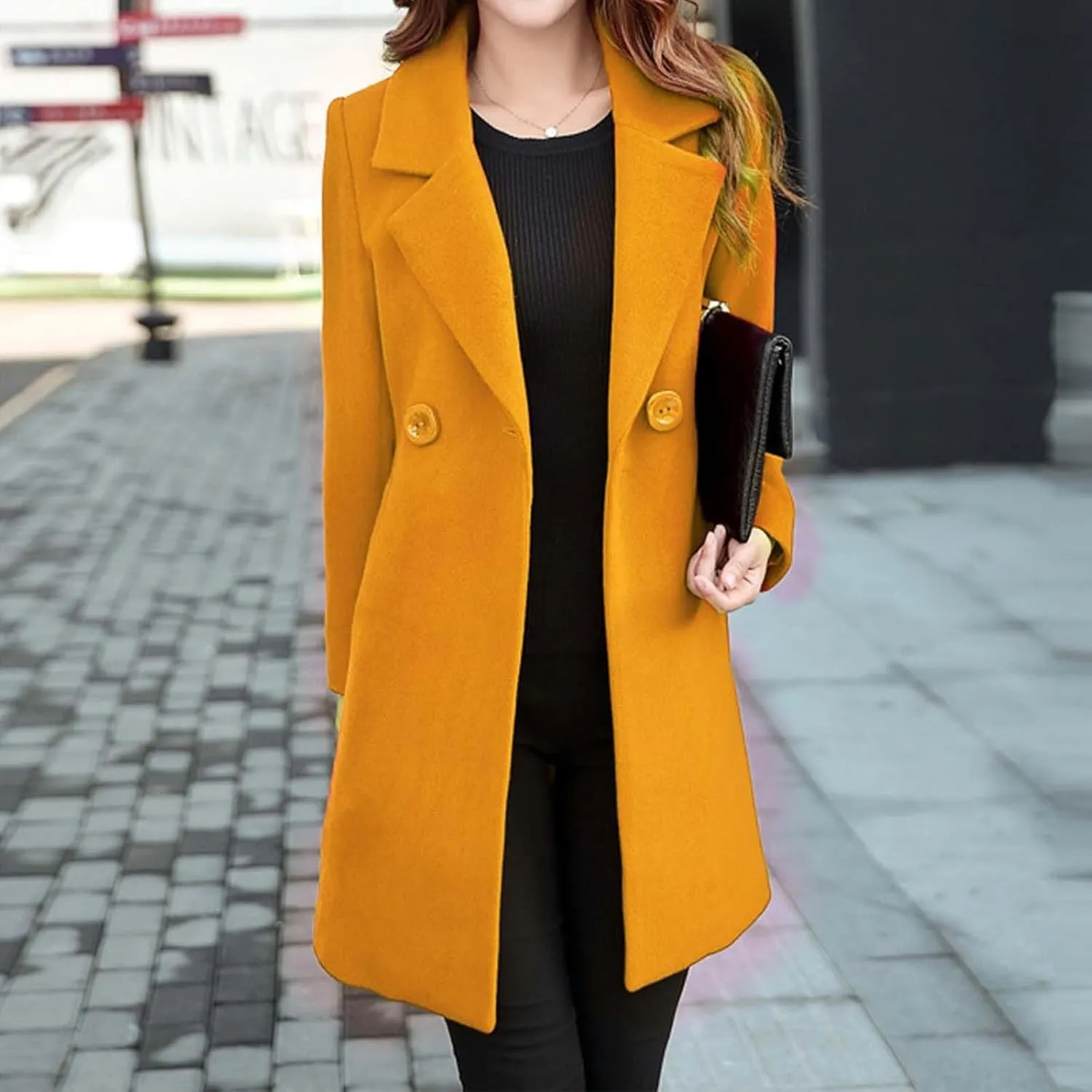 Women's Double Breasted Long Trench Coat Windproof Classic Lapel Slim Overcoat with Belt
