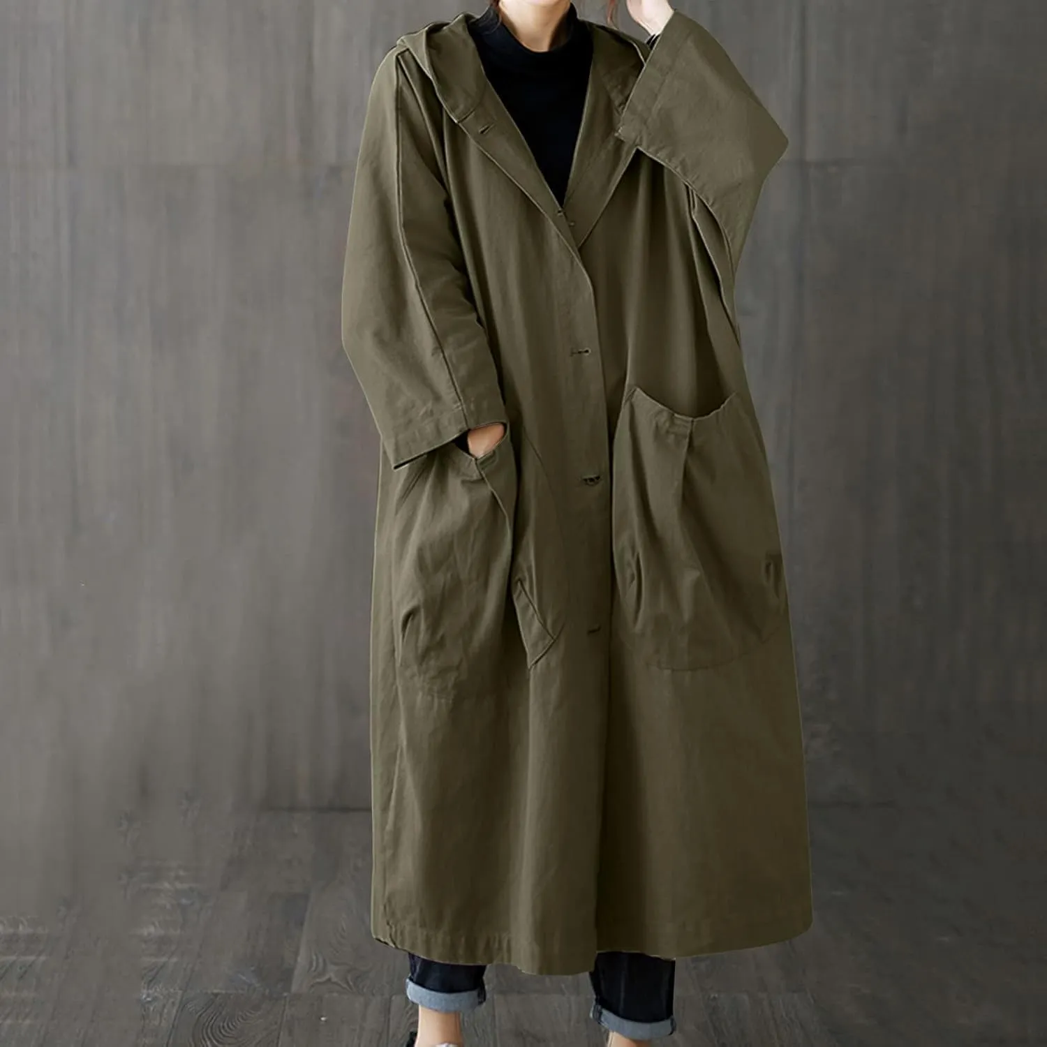 Womens Double Breasted Trench Coat Pocket Cardigan Button Top Sweater Knit Hooded Coat Slim Outerwear Coats Trench