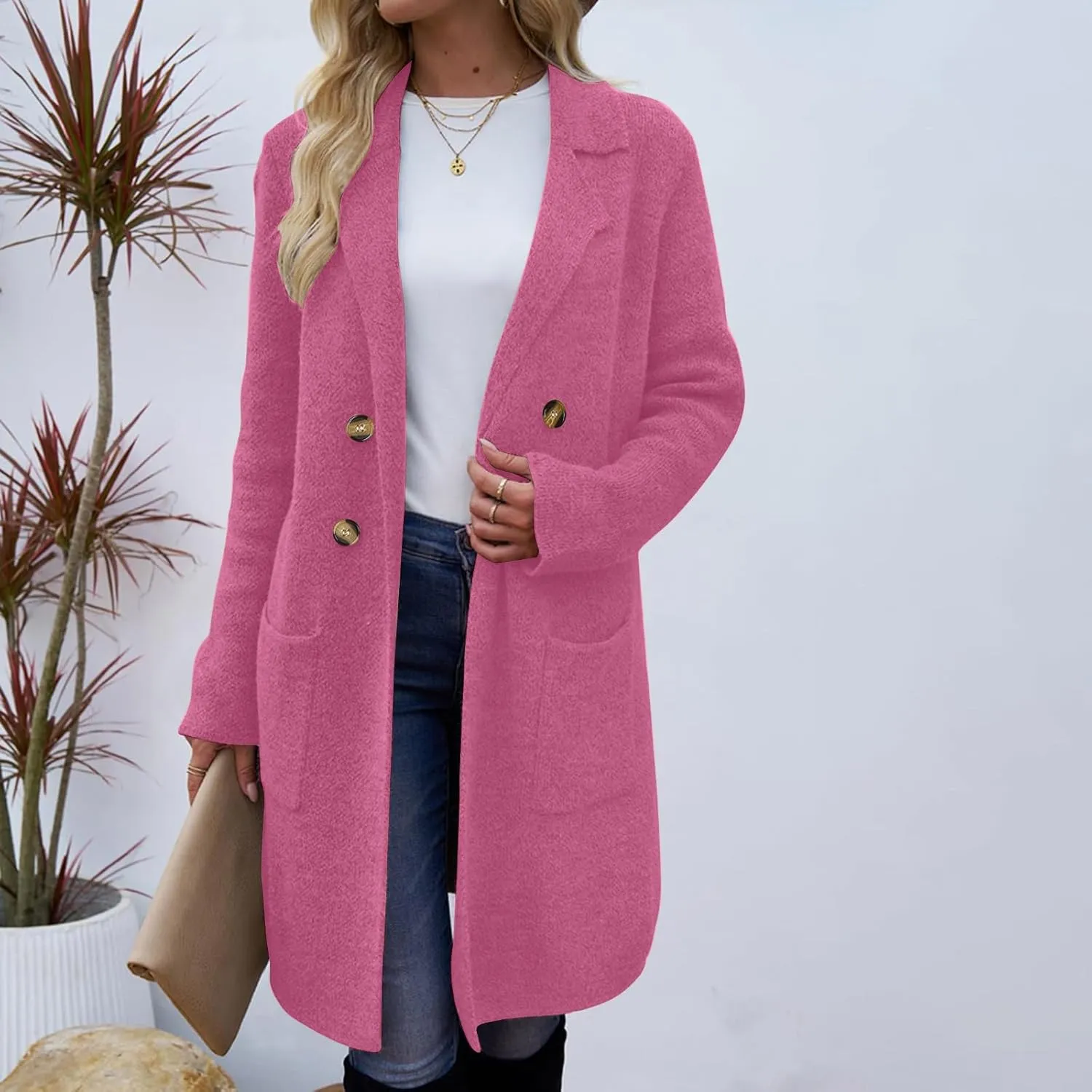 Women's Double Breasted Trench Coats Notch Lapel Midi Long Wool Pea Coat Warm Winter Jackets Overcoat with Pockets