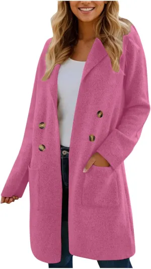 Women's Double Breasted Trench Coats Notch Lapel Midi Long Wool Pea Coat Warm Winter Jackets Overcoat with Pockets
