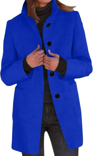 Womens Fall Winter Wool Coats Casual Notch Stand Collar Single Breasted Peacoat Thicken Blazer Jacket