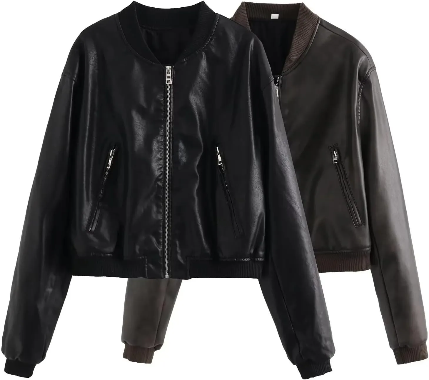 Womens Faux Leather Bomber Jacket Long Sleeve Zip Up Cropped Motorcycle Coat for Biker Fashion Outwear with Pockets