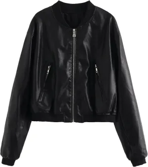 Womens Faux Leather Bomber Jacket Long Sleeve Zip Up Cropped Motorcycle Coat for Biker Fashion Outwear with Pockets