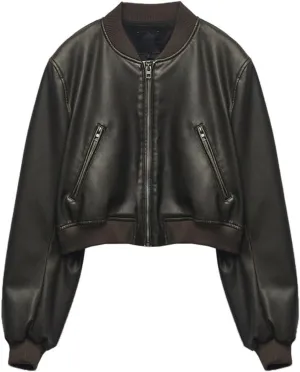 Womens Faux Leather Bomber Jacket Long Sleeve Zip Up Cropped Motorcycle Coat for Biker Fashion Outwear with Pockets