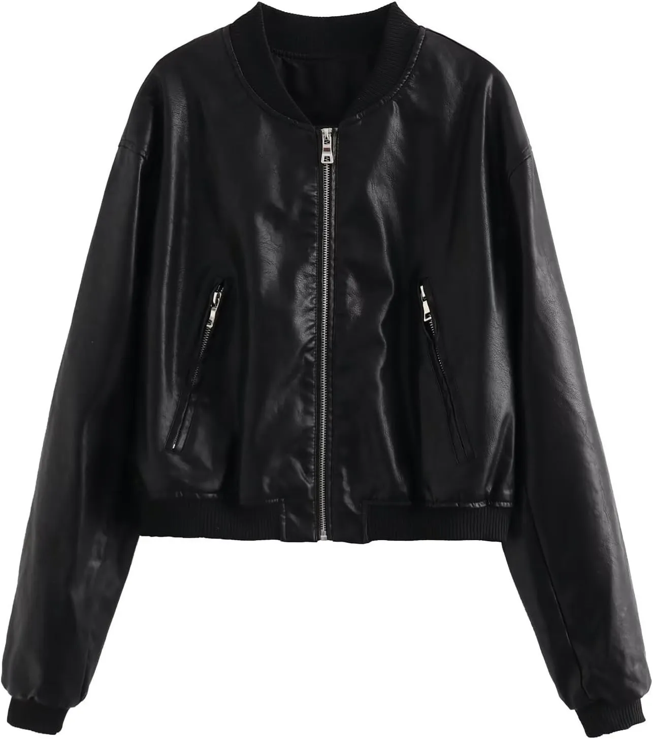 Womens Faux Leather Bomber Jacket Long Sleeve Zip Up Cropped Motorcycle Coat for Biker Fashion Outwear with Pockets