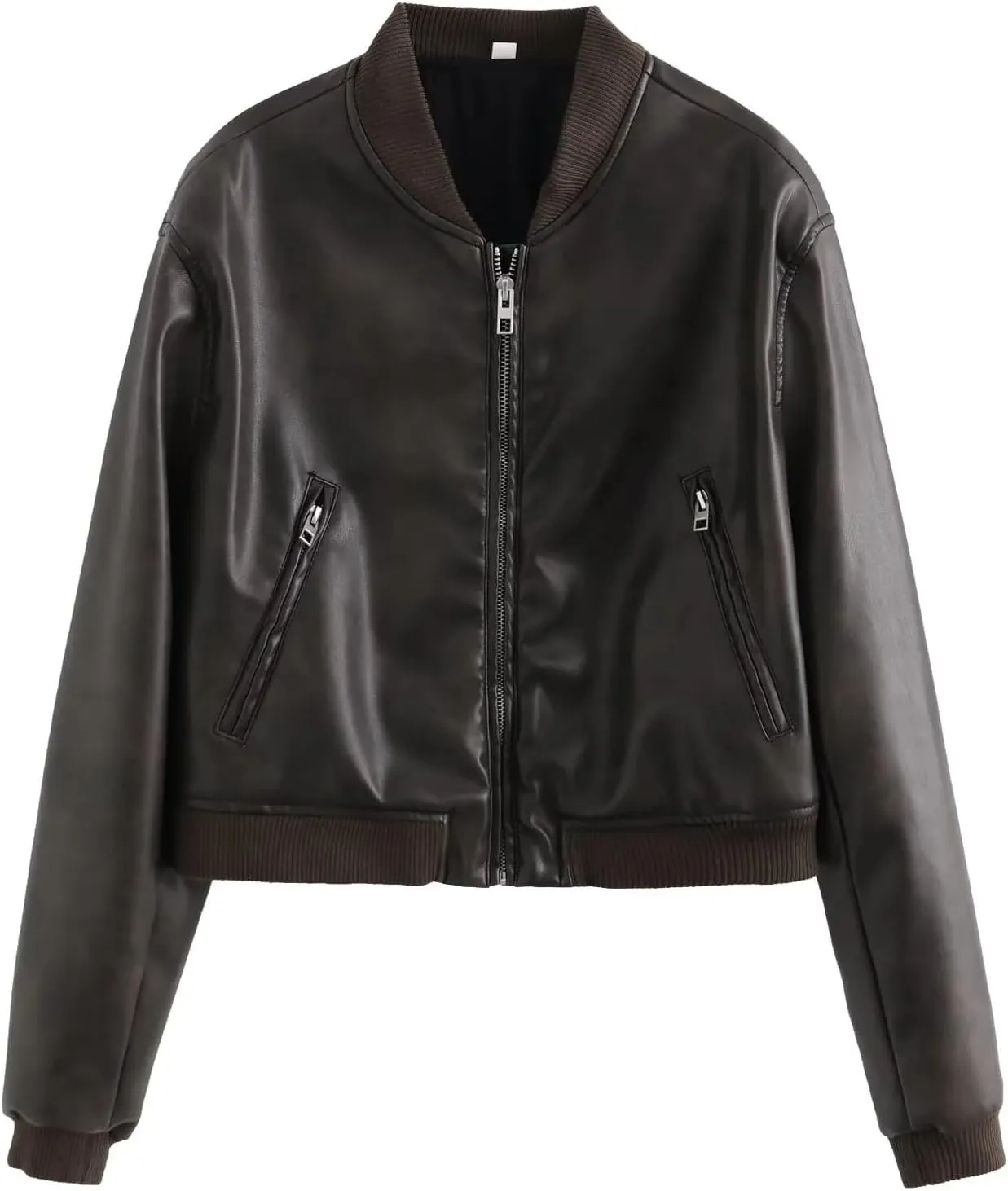 Womens Faux Leather Bomber Jacket Long Sleeve Zip Up Cropped Motorcycle Coat for Biker Fashion Outwear with Pockets