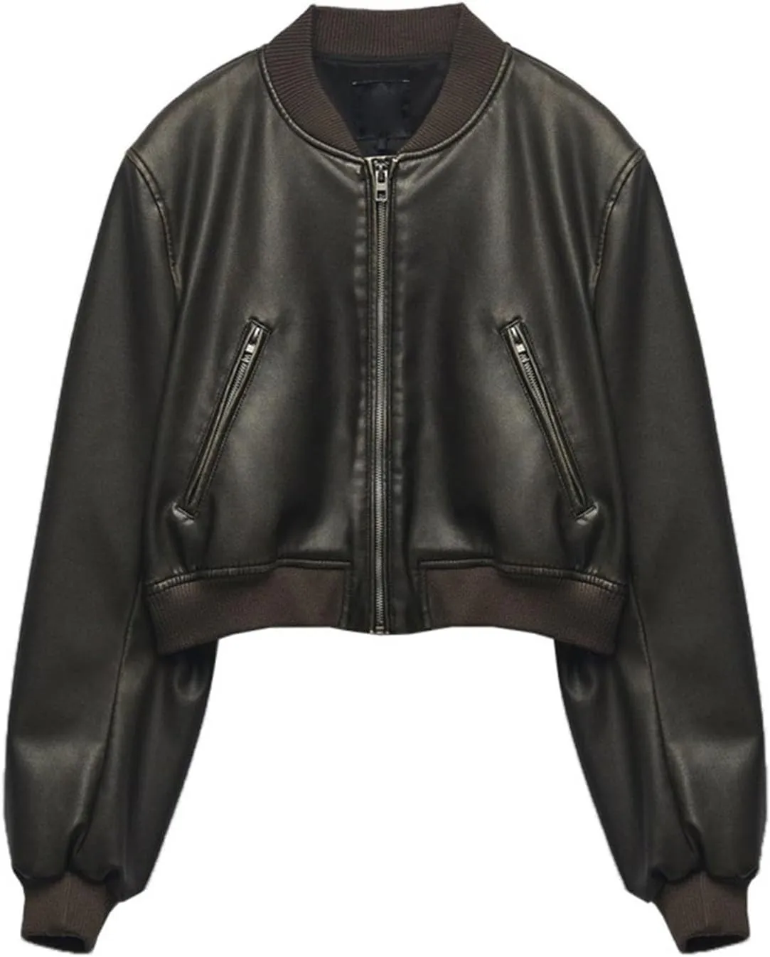 Womens Faux Leather Bomber Jacket Long Sleeve Zip Up Cropped Motorcycle Coat for Biker Fashion Outwear with Pockets