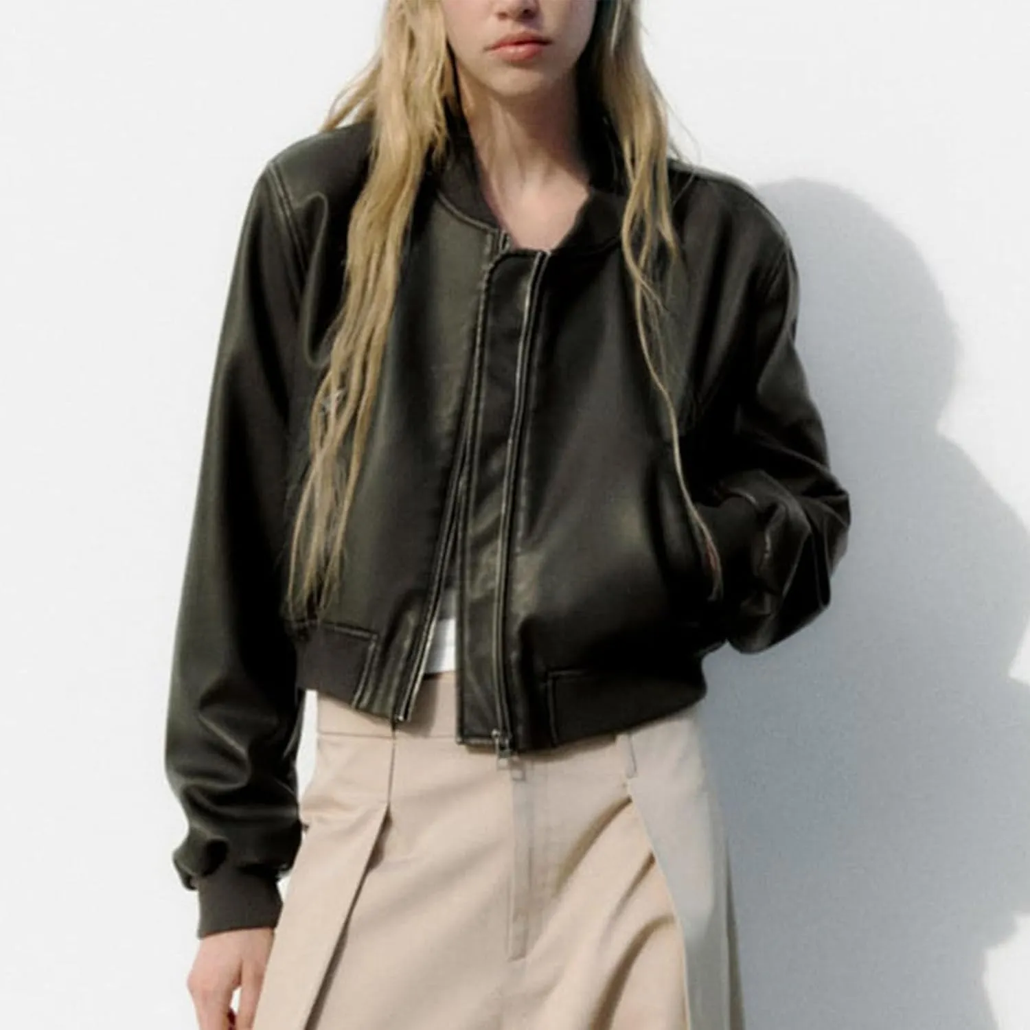 Womens Faux Leather Bomber Jacket Long Sleeve Zip Up Cropped Motorcycle Coat for Biker Fashion Outwear with Pockets