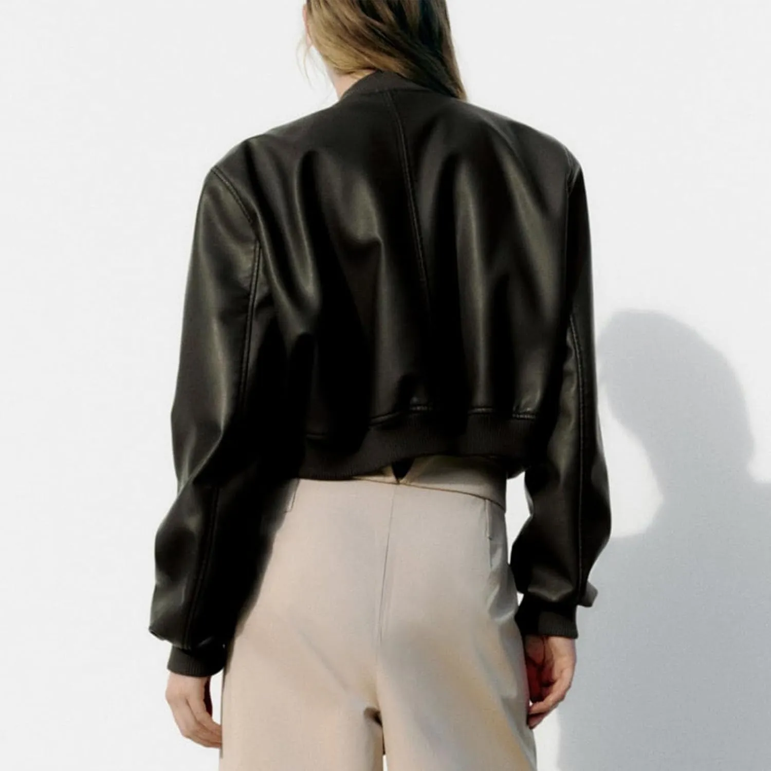 Womens Faux Leather Bomber Jacket Long Sleeve Zip Up Cropped Motorcycle Coat for Biker Fashion Outwear with Pockets