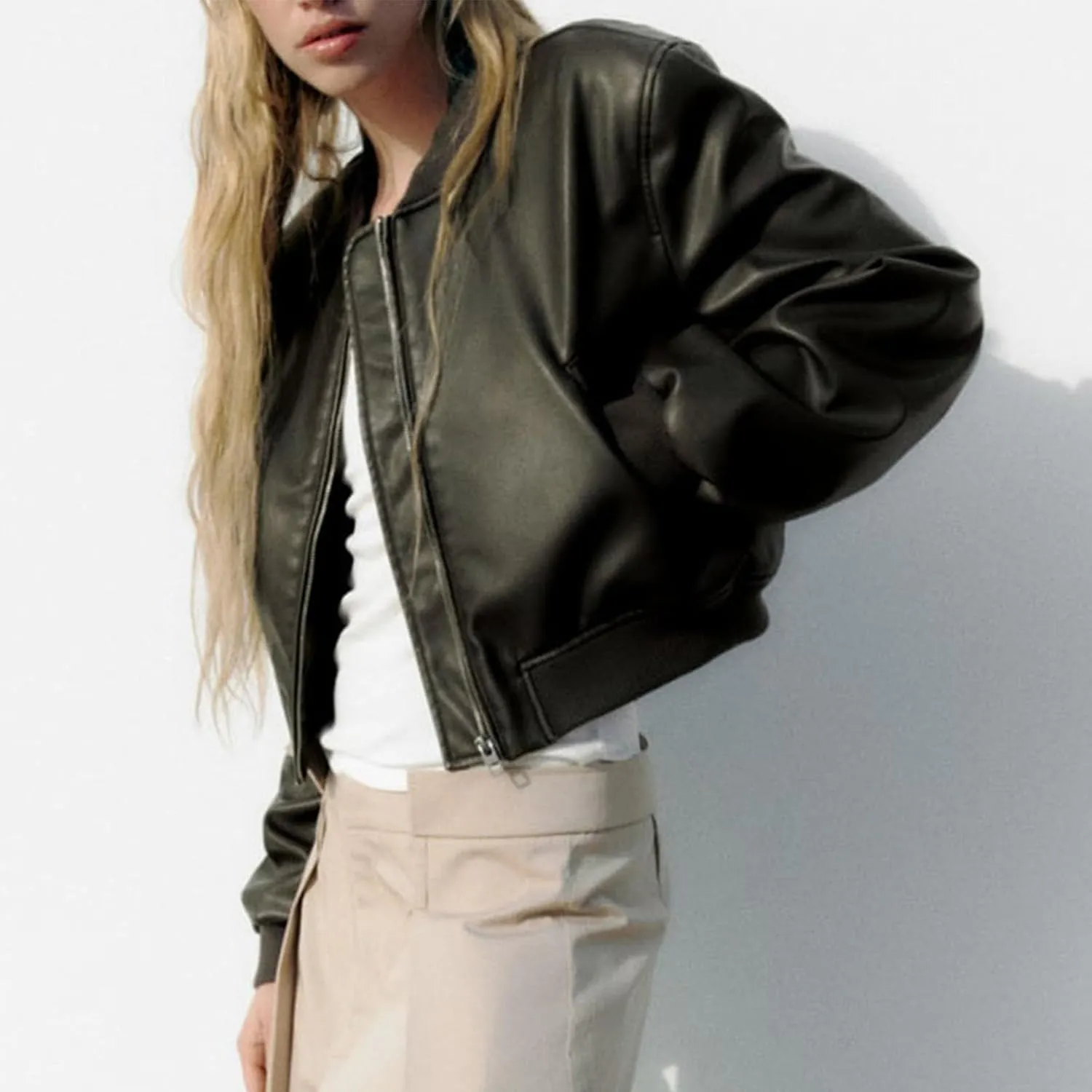 Womens Faux Leather Bomber Jacket Long Sleeve Zip Up Cropped Motorcycle Coat for Biker Fashion Outwear with Pockets
