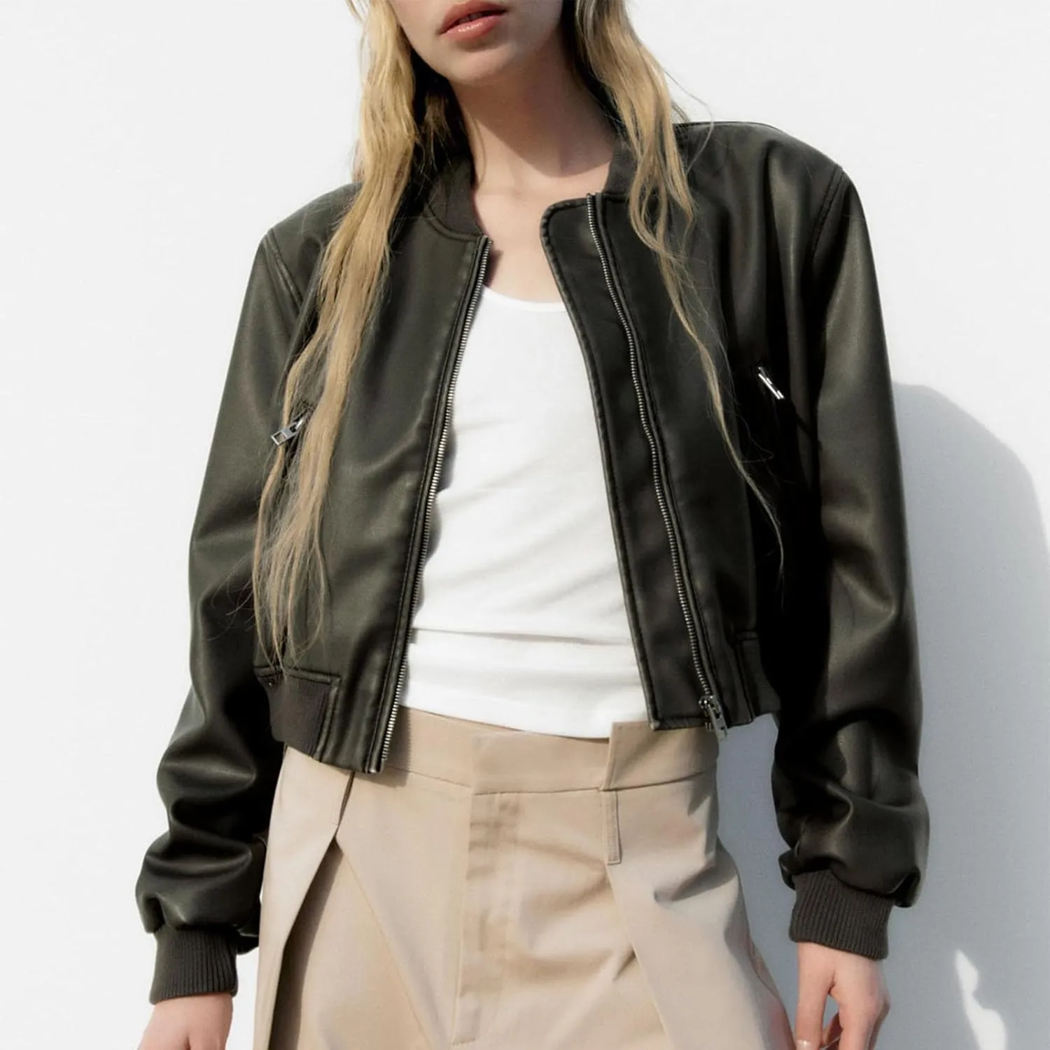 Womens Faux Leather Bomber Jacket Long Sleeve Zip Up Cropped Motorcycle Coat for Biker Fashion Outwear with Pockets
