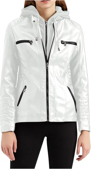 Womens Faux Leather Motorcycle Jacket with Hoodie Plus Size Long Sleeve Biker Coat Casual Zip Up Short Outwear M-5XL