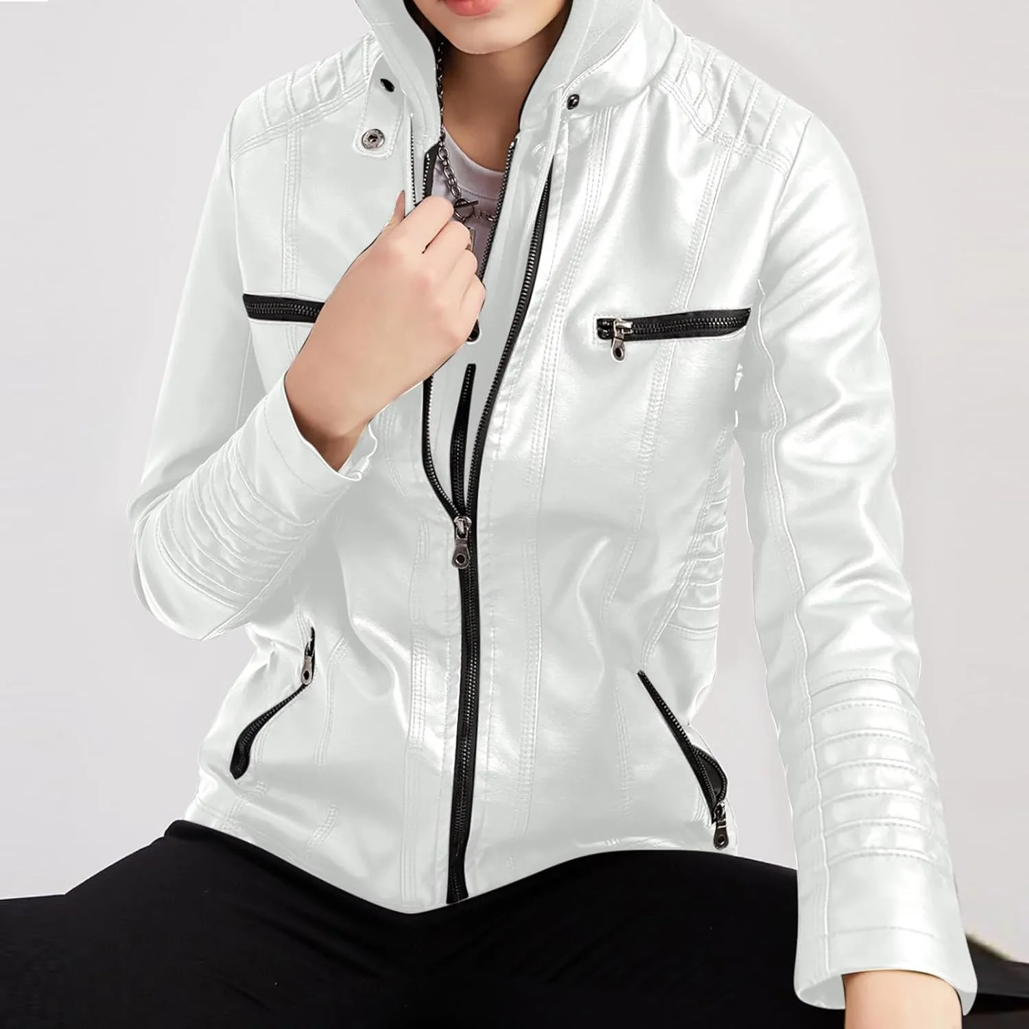 Womens Faux Leather Motorcycle Jacket with Hoodie Plus Size Long Sleeve Biker Coat Casual Zip Up Short Outwear M-5XL