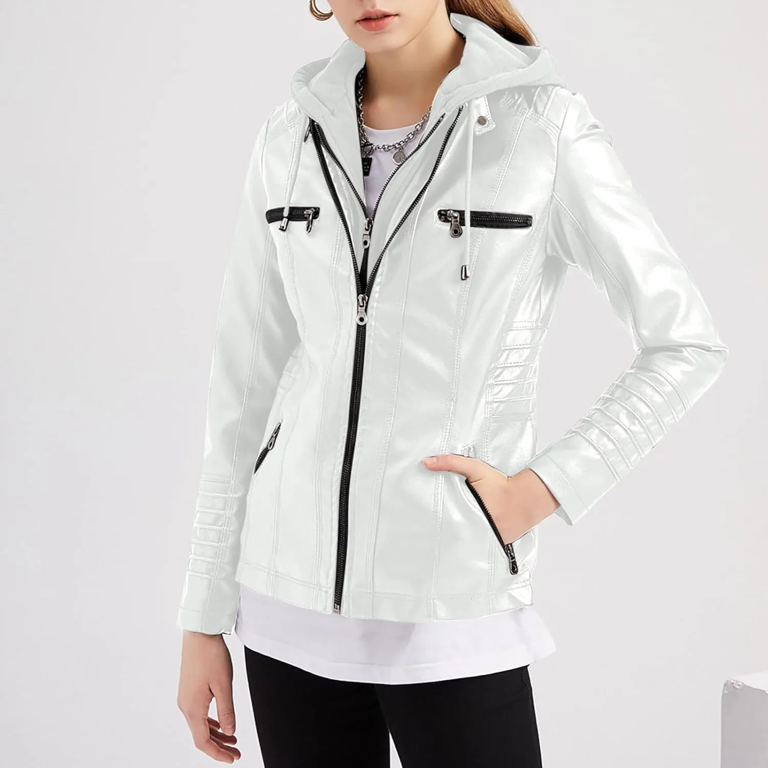 Womens Faux Leather Motorcycle Jacket with Hoodie Plus Size Long Sleeve Biker Coat Casual Zip Up Short Outwear M-5XL
