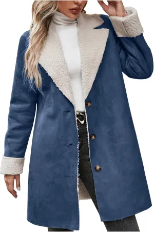 Womens Faux Suede Trench Coats Fuzzy Sherpa Lined Long Jackets Notched Lapel Button Down Winter Warm Outerwear