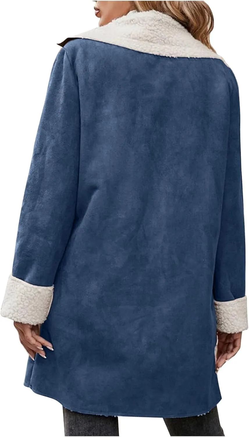 Womens Faux Suede Trench Coats Fuzzy Sherpa Lined Long Jackets Notched Lapel Button Down Winter Warm Outerwear