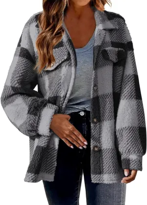 Womens Long Plaid Shacket Jacket Button Down Long Sleeve Lapel Collar Trench Coat Fashion Retro Loose Fit Outerwear