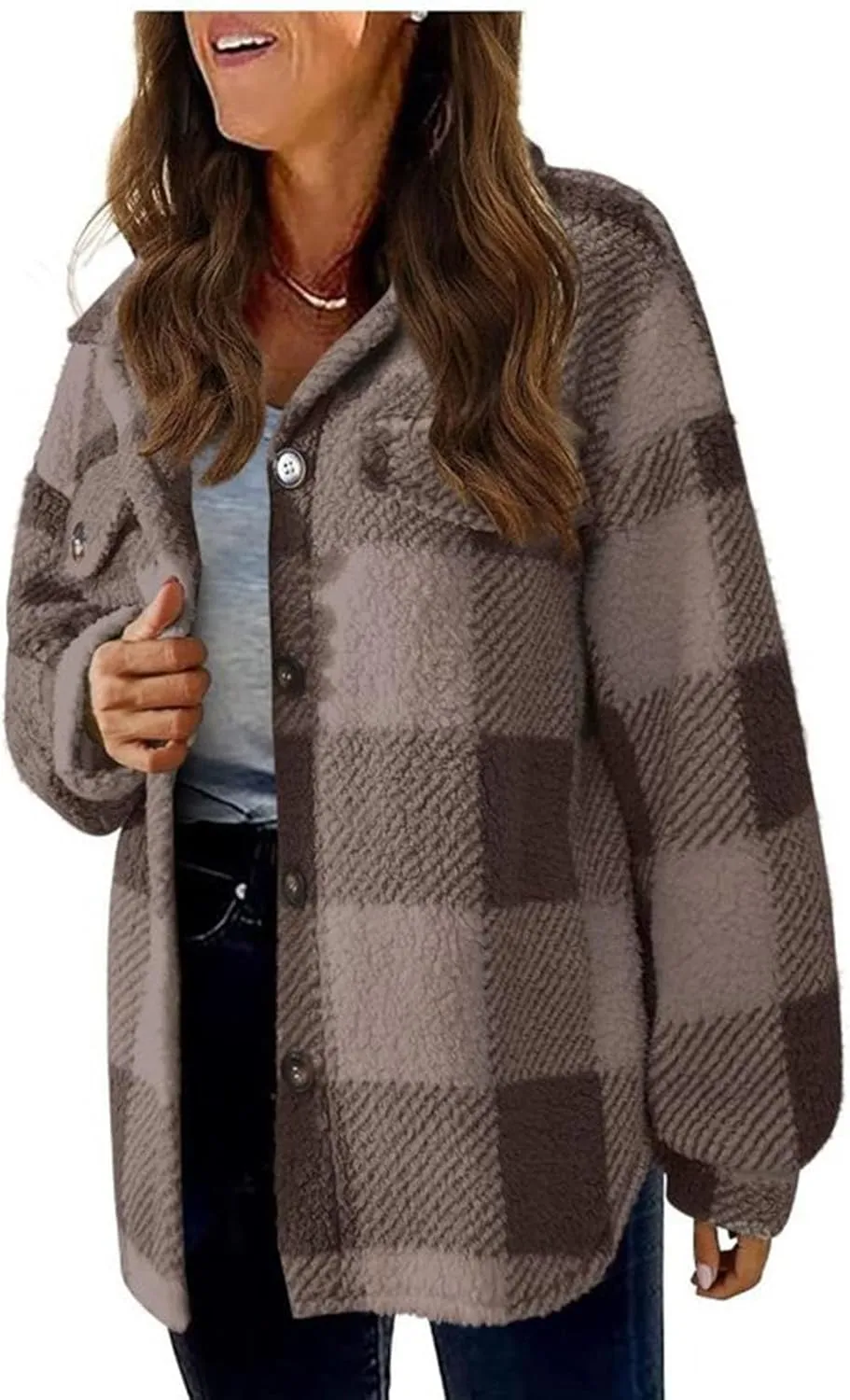 Womens Long Plaid Shacket Jacket Button Down Long Sleeve Lapel Collar Trench Coat Fashion Retro Loose Fit Outerwear