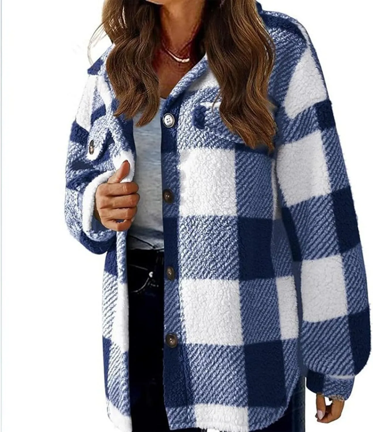 Womens Long Plaid Shacket Jacket Button Down Long Sleeve Lapel Collar Trench Coat Fashion Retro Loose Fit Outerwear