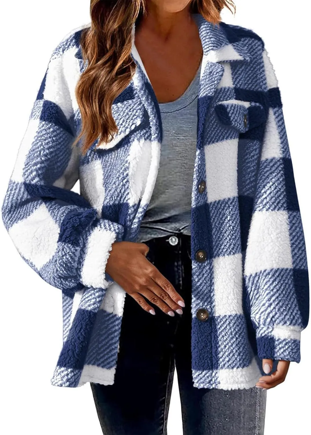 Womens Long Plaid Shacket Jacket Button Down Long Sleeve Lapel Collar Trench Coat Fashion Retro Loose Fit Outerwear