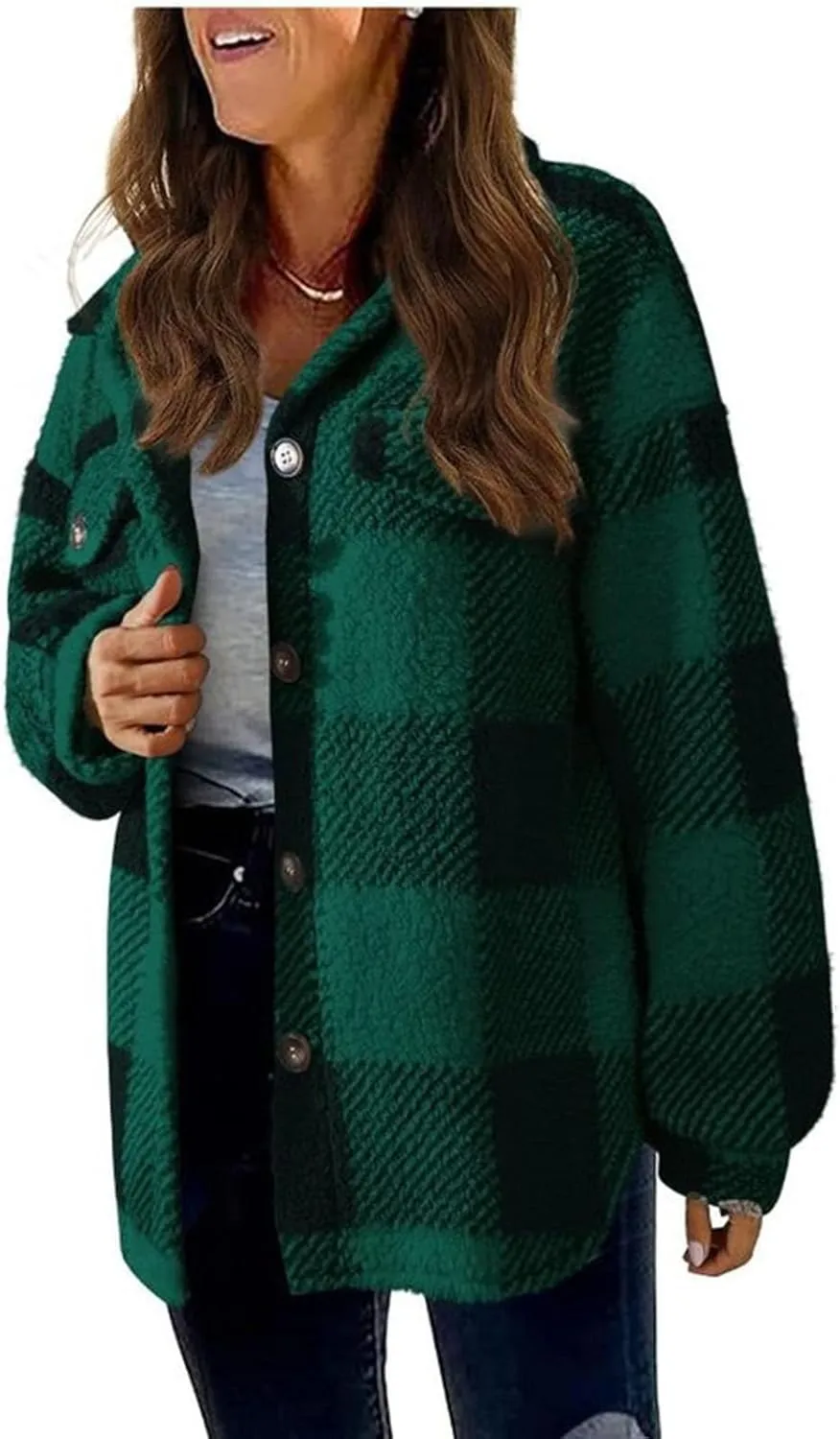 Womens Long Plaid Shacket Jacket Button Down Long Sleeve Lapel Collar Trench Coat Fashion Retro Loose Fit Outerwear
