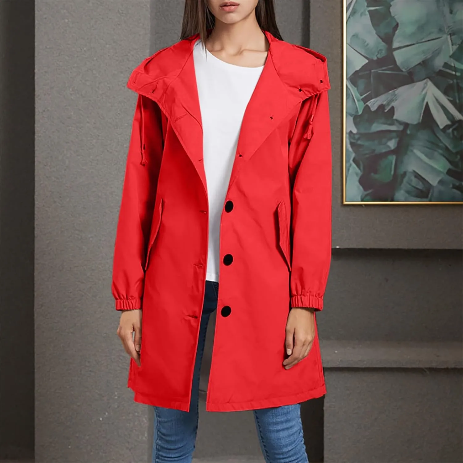 Women's Long Rain Jacket Waterproof Windbreaker Lightweight Hooded Trench Coat Button Down Outerwear Hiking Rain Coat