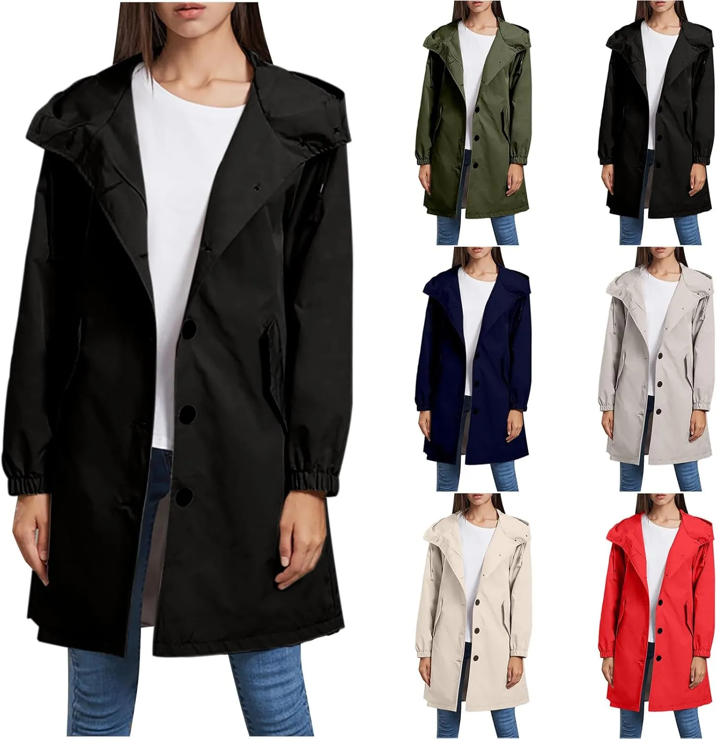 Women's Long Rain Jacket Waterproof Windbreaker Lightweight Hooded Trench Coat Button Down Outerwear Hiking Rain Coat
