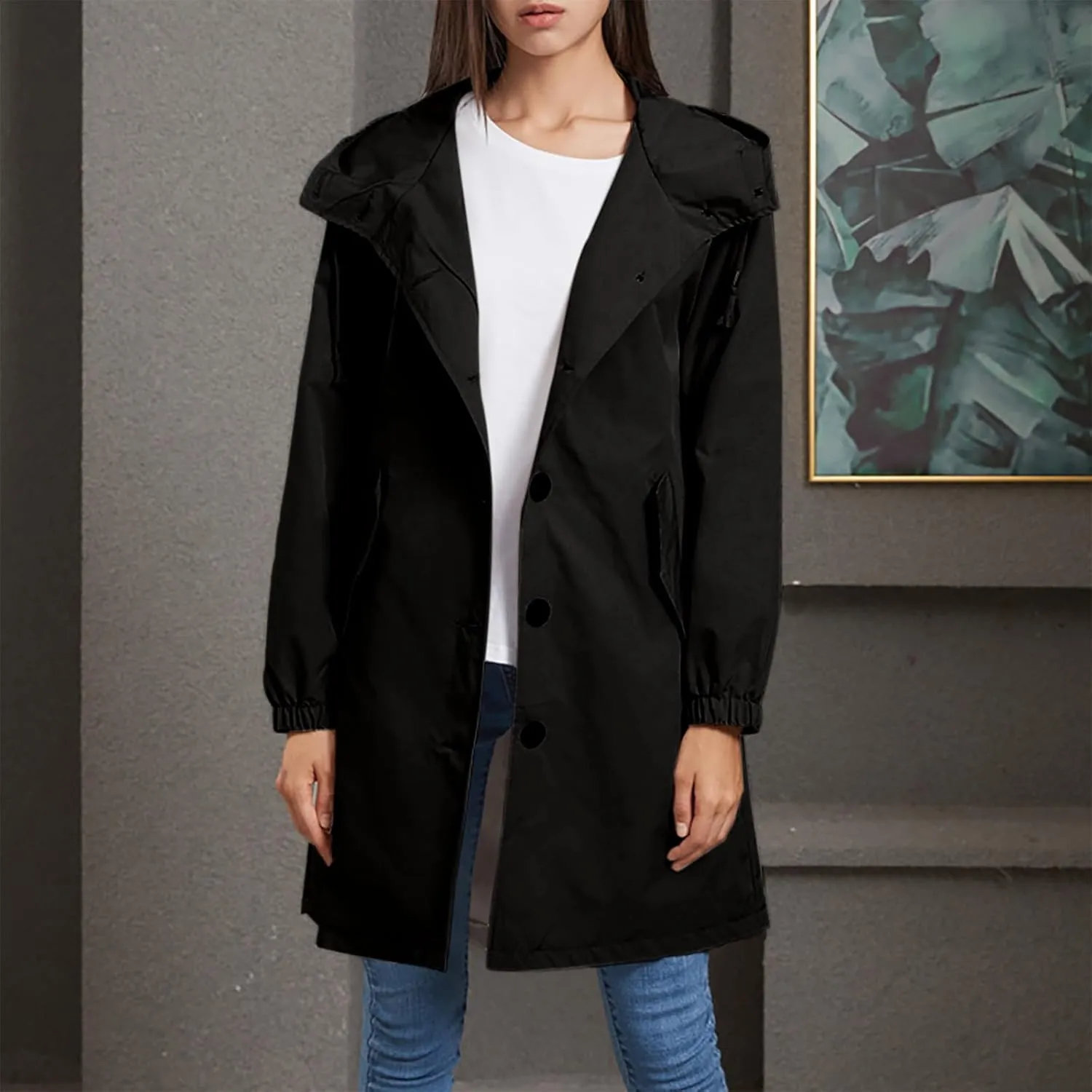 Women's Long Rain Jacket Waterproof Windbreaker Lightweight Hooded Trench Coat Button Down Outerwear Hiking Rain Coat