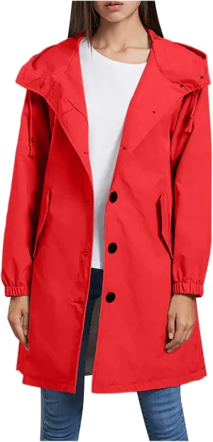 Women's Long Rain Jacket Waterproof Windbreaker Lightweight Hooded Trench Coat Button Down Outerwear Hiking Rain Coat