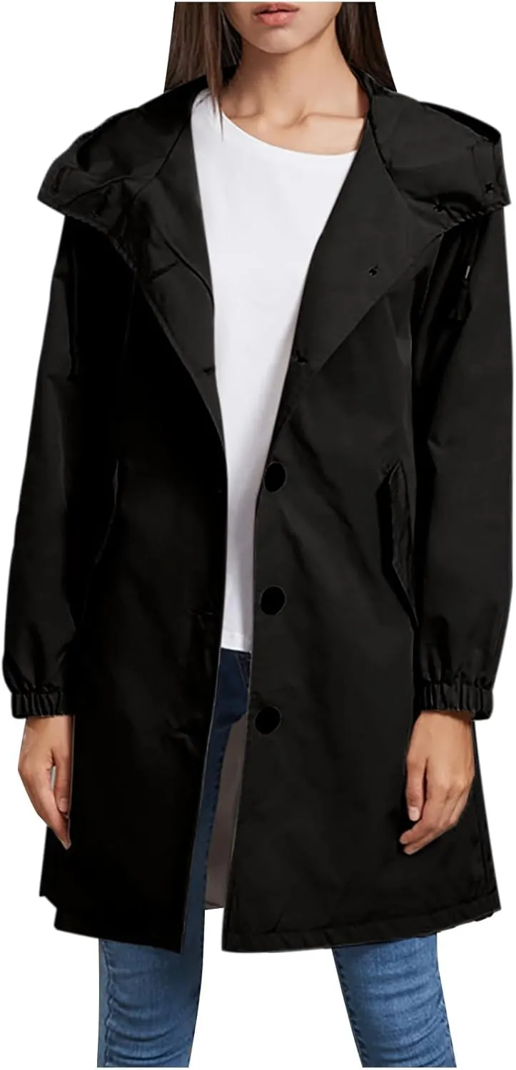 Women's Long Rain Jacket Waterproof Windbreaker Lightweight Hooded Trench Coat Button Down Outerwear Hiking Rain Coat