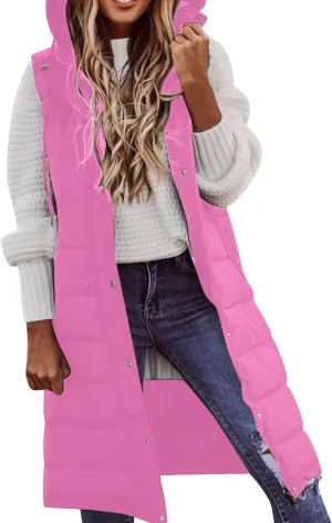 Women's Long Vest Winter Warm Sleeveless Lightweight Puffer Jacket Packable Hooded Down Coat Quilted Vest With Hood