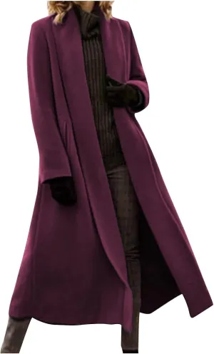 Women's Long Winter Pea Coat Open Front Wool Blend Cardigan Overcoat Loose Lapel Trench Coats Classy Outerwear