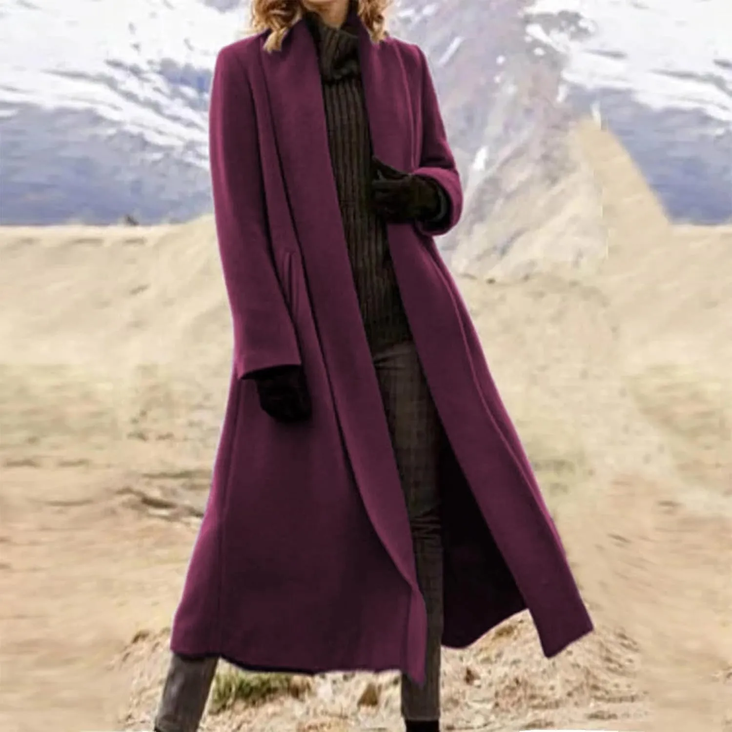 Women's Long Winter Pea Coat Open Front Wool Blend Cardigan Overcoat Loose Lapel Trench Coats Classy Outerwear