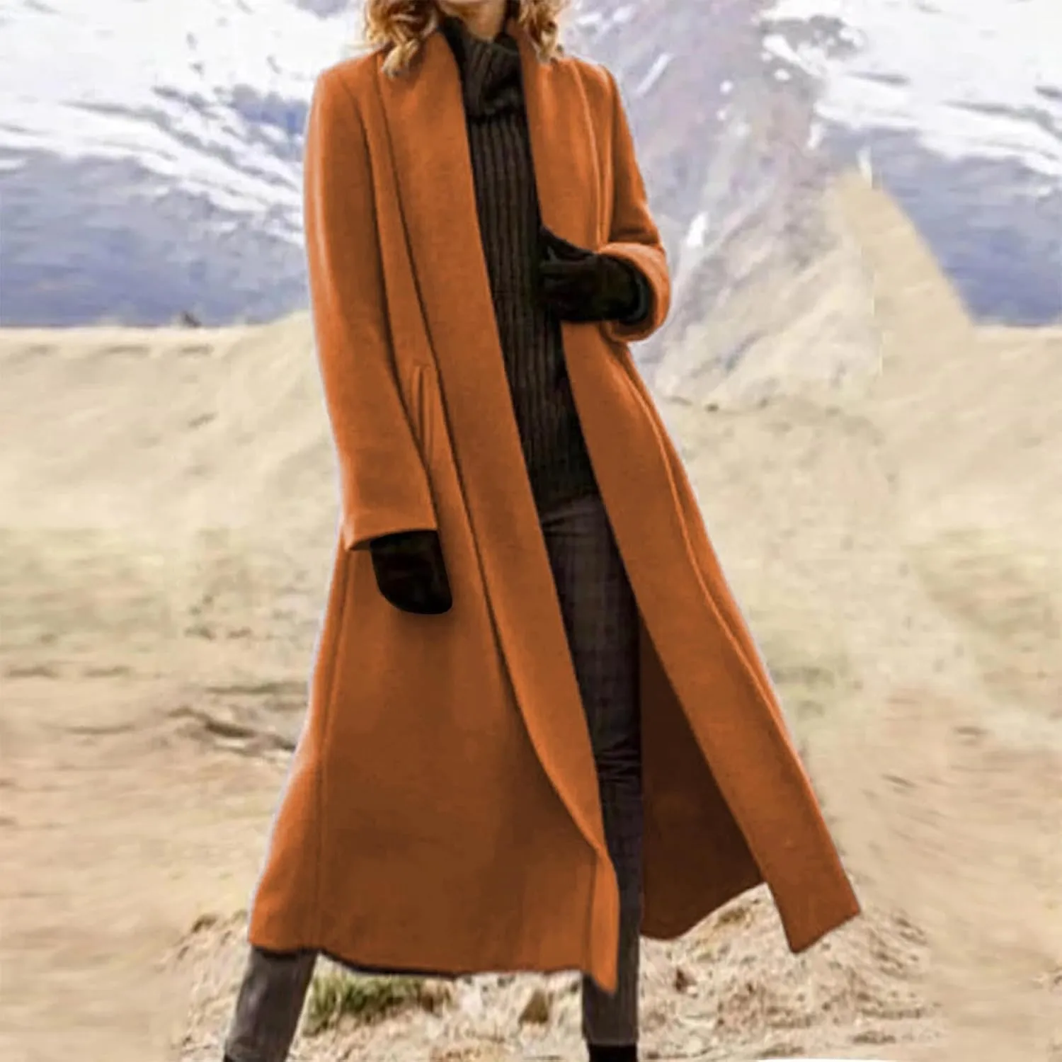 Women's Long Winter Pea Coat Open Front Wool Blend Cardigan Overcoat Loose Lapel Trench Coats Classy Outerwear