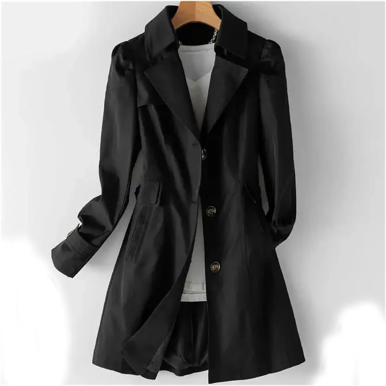 Women's mid-length trench coat Lapel long sleeve slim fit single-breasted jacket