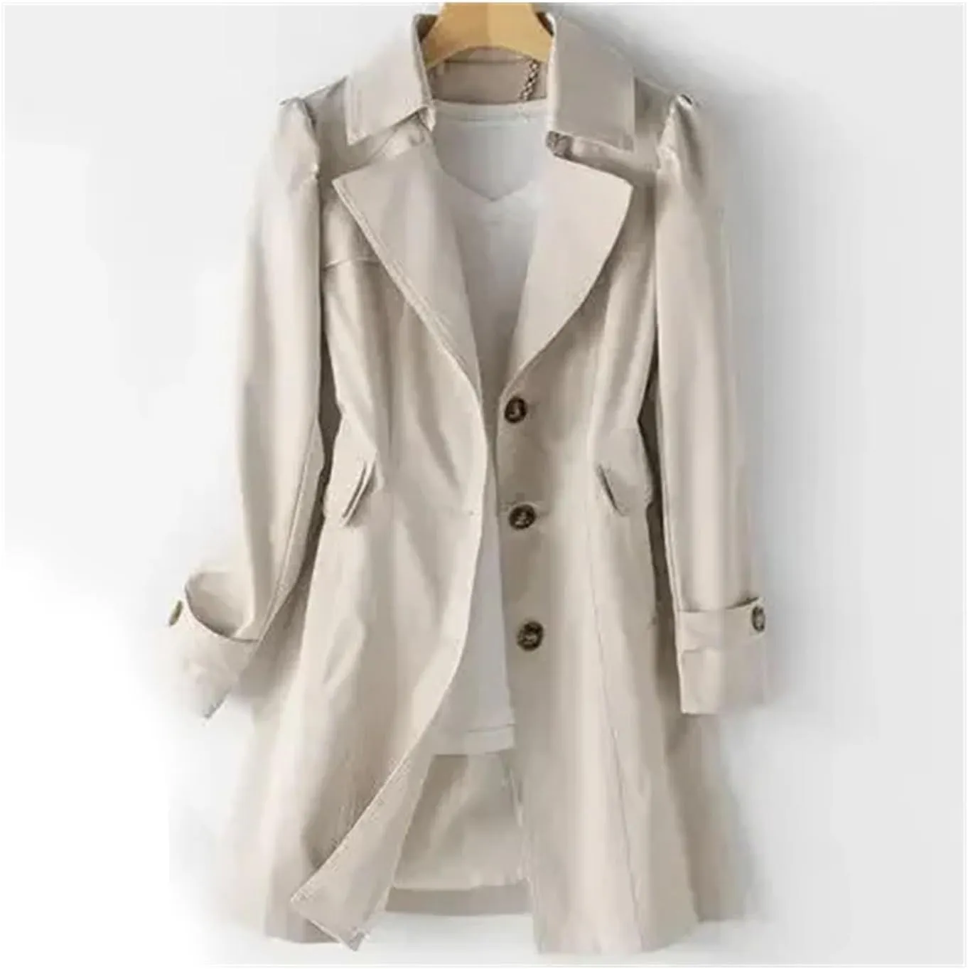 Women's mid-length trench coat Lapel long sleeve slim fit single-breasted jacket