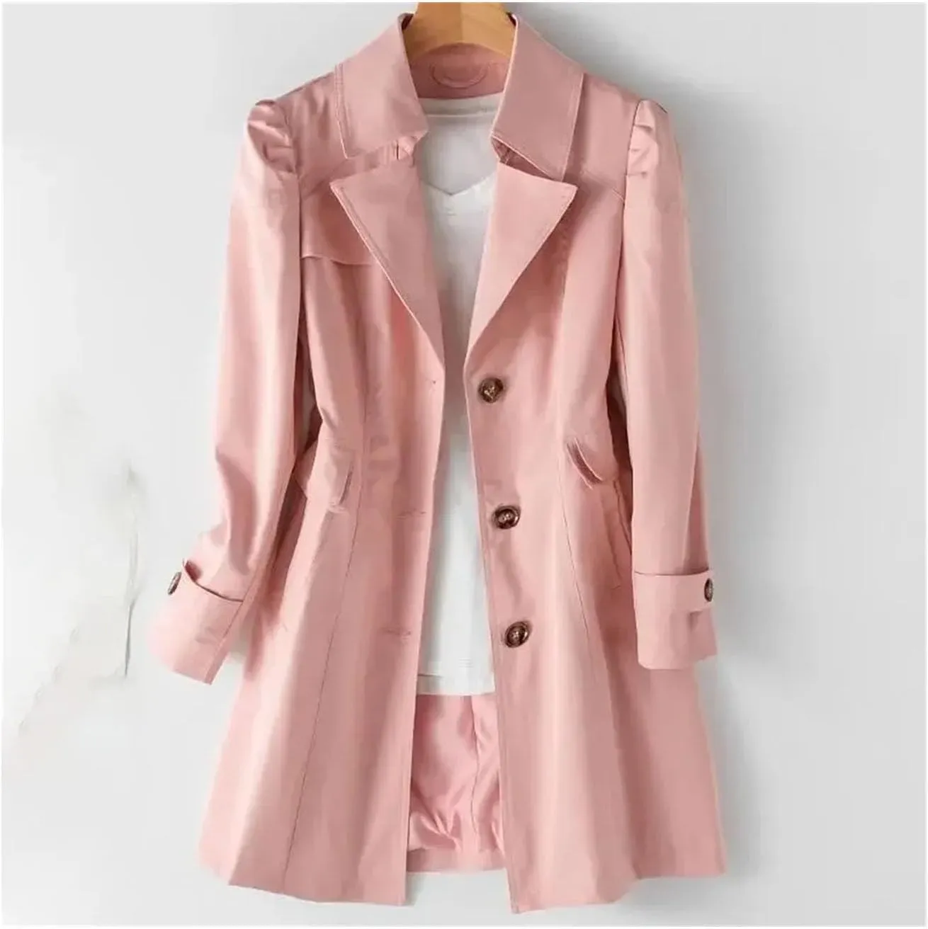 Women's mid-length trench coat Lapel long sleeve slim fit single-breasted jacket