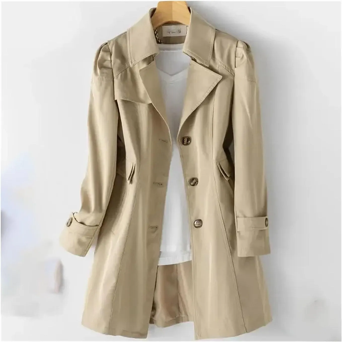 Women's mid-length trench coat Lapel long sleeve slim fit single-breasted jacket