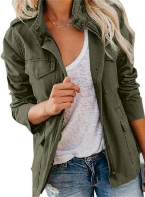 Womens Multi Pockets Military Jacket Washed Cotton Zip Up Jackets Spring Fall Button Down Denim Jean Coat