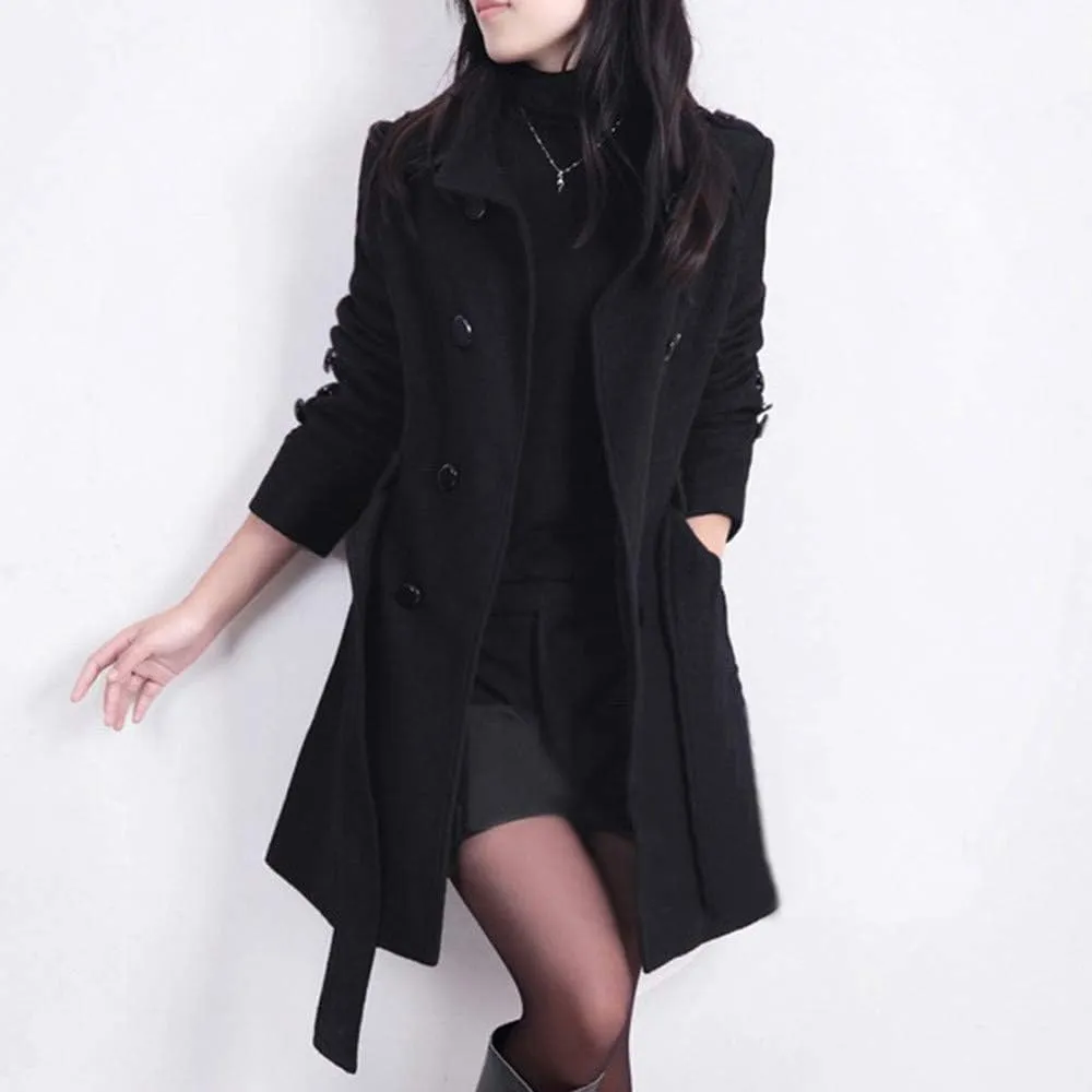 Women's Oversized Notched Collar Wool Blend Single Breast Midi Long Trench Coat