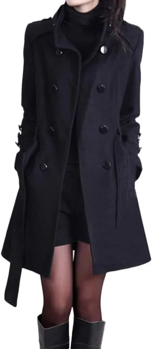 Women's Oversized Notched Collar Wool Blend Single Breast Midi Long Trench Coat