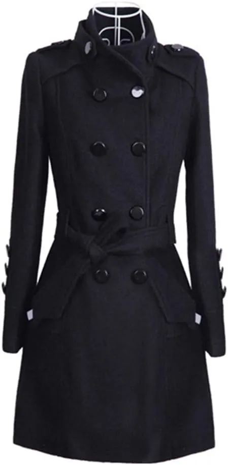 Women's Oversized Notched Collar Wool Blend Single Breast Midi Long Trench Coat