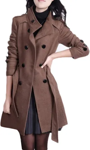 Women's Oversized Notched Collar Wool Blend Single Breast Midi Long Trench Coat