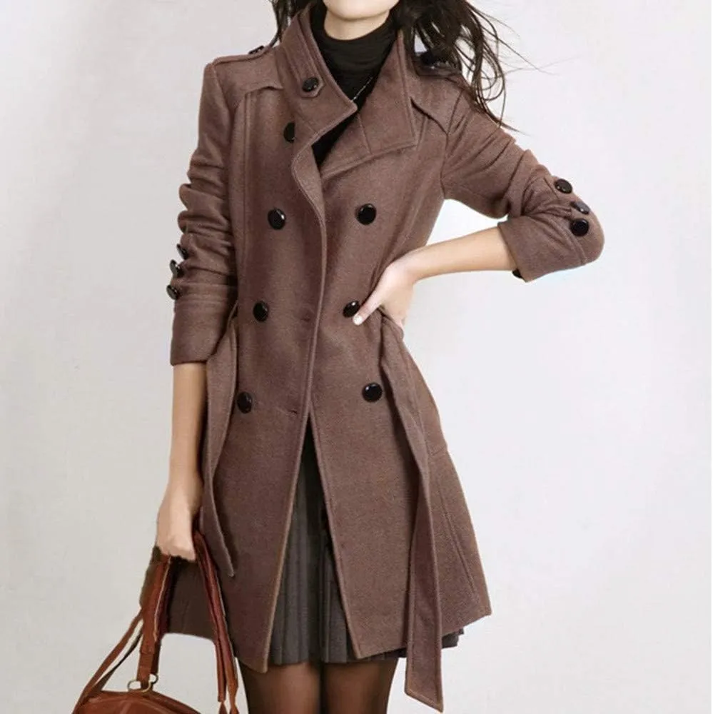 Women's Oversized Notched Collar Wool Blend Single Breast Midi Long Trench Coat