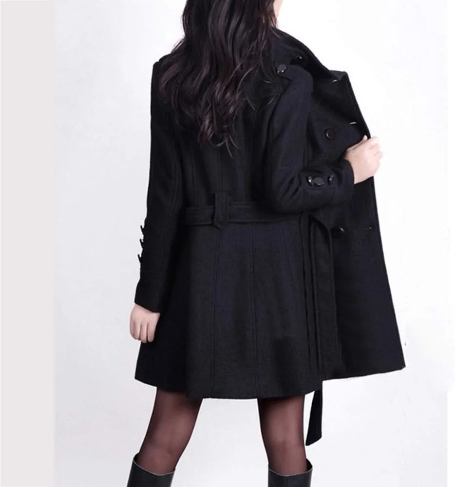 Women's Oversized Notched Collar Wool Blend Single Breast Midi Long Trench Coat