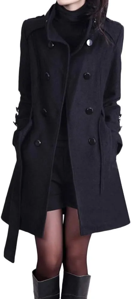 Women's Oversized Notched Collar Wool Blend Single Breast Midi Long Trench Coat