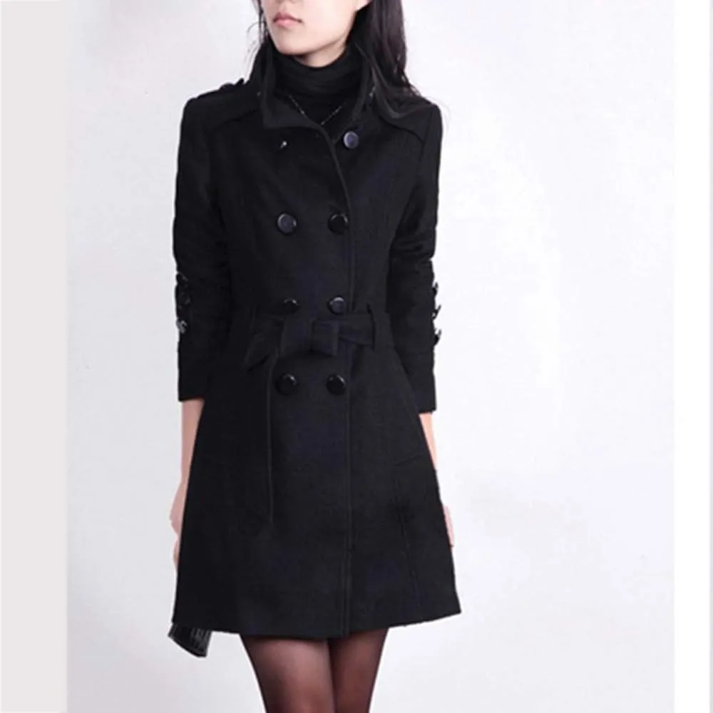 Women's Oversized Notched Collar Wool Blend Single Breast Midi Long Trench Coat