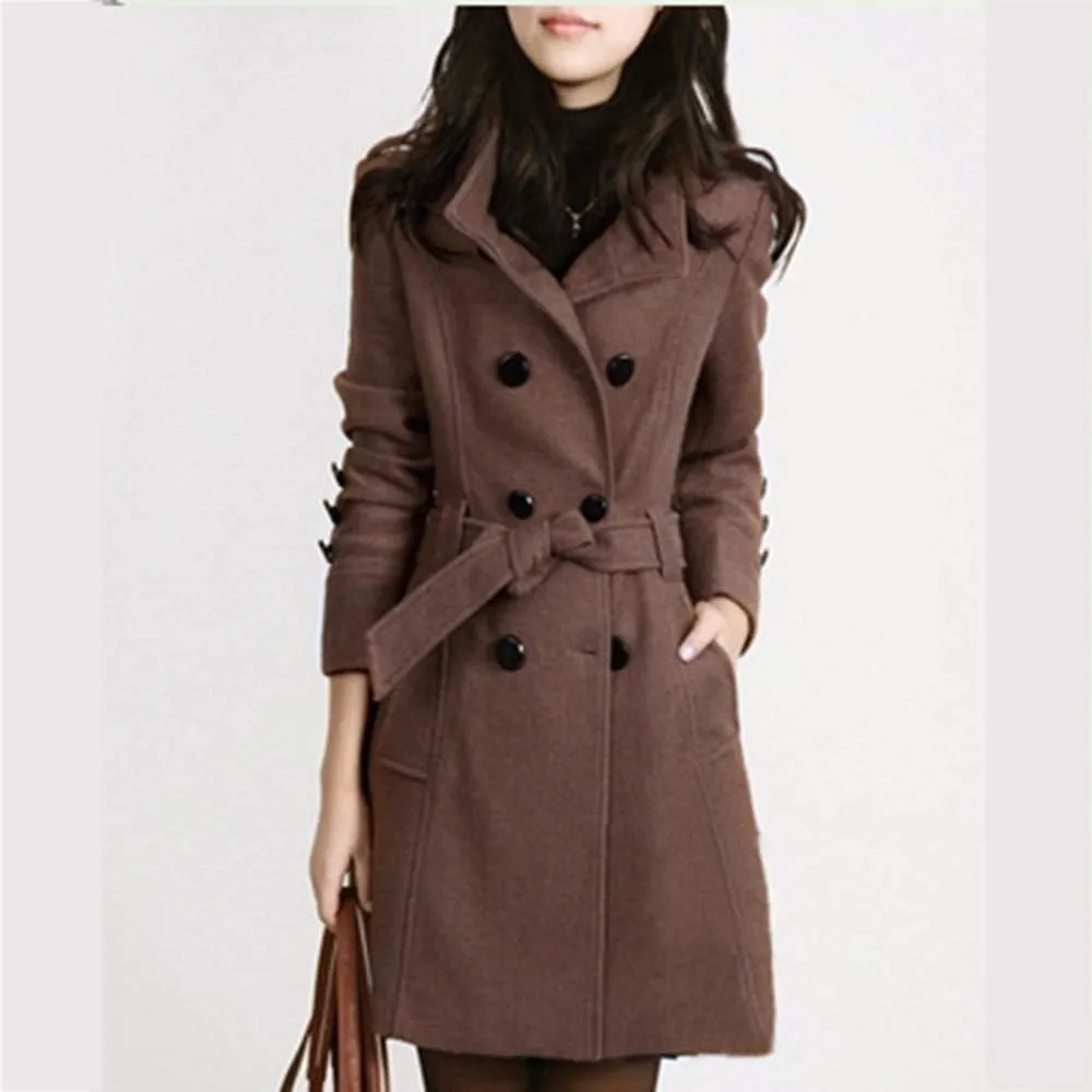 Women's Oversized Notched Collar Wool Blend Single Breast Midi Long Trench Coat