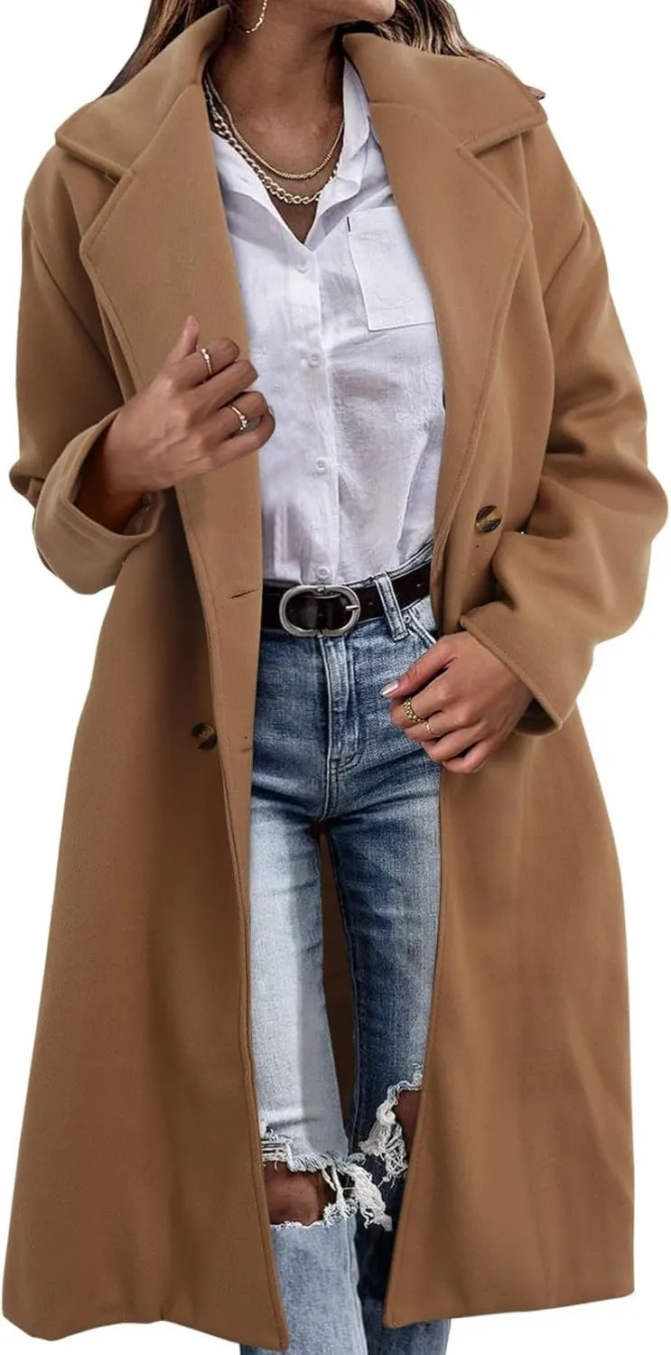 Women's Oversized Notched Collar Wool Blend Single Breast Midi Long Trench Coat